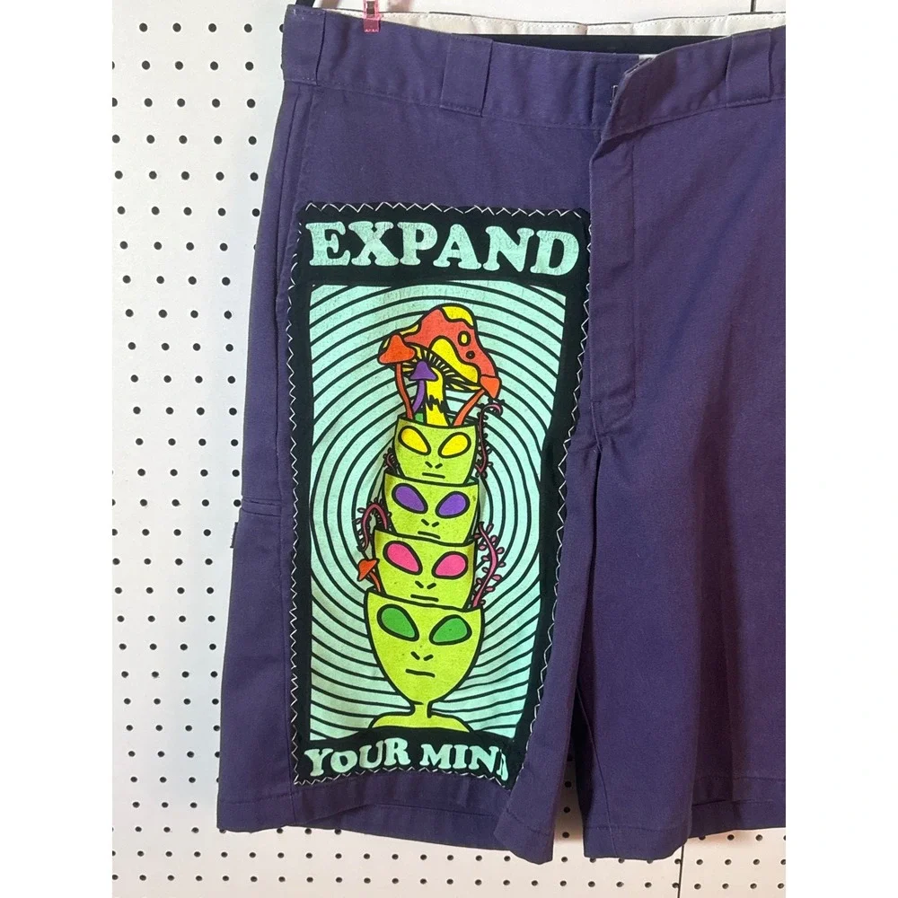 Upcycled Dickies Shorts Purple Alien Mushroom Graphic Patch One of One